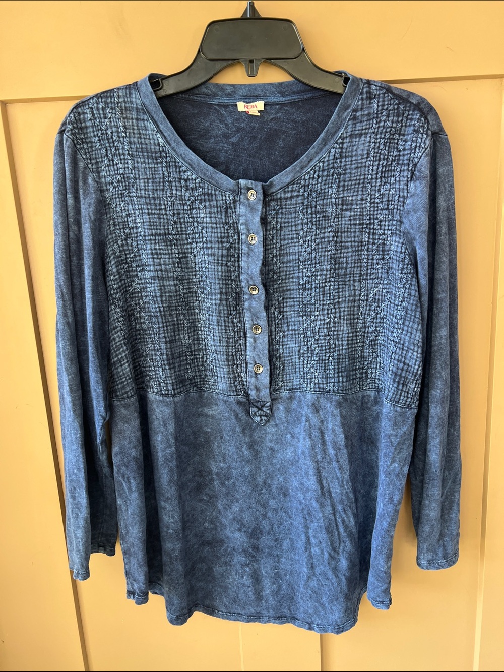 Reba XL Navy Cotton Boho Embroidered Henley Blouse
